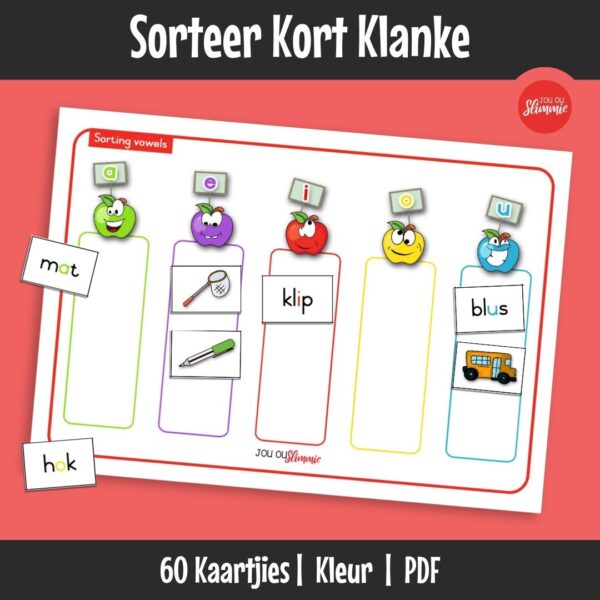 Hierdie is ’n sorteeroefening waar leerders woorde en prentjies uitknip en volgens klinkers sorteer. Dit help om kort klank-herkenning te versterk.