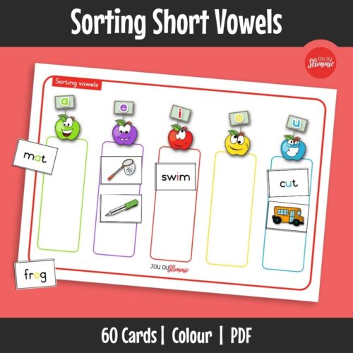 This is a sorting activity where learners cut out words and pictures and sort them according to vowels. It helps strengthen early sound and vowel recognition.