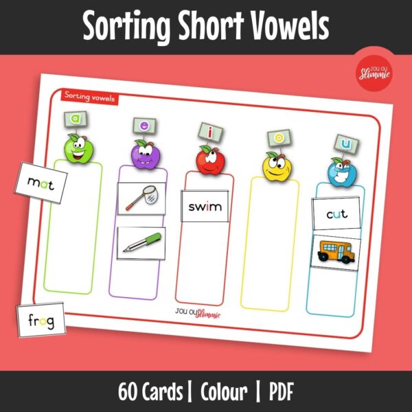 This is a sorting activity where learners cut out words and pictures and sort them according to vowels. It helps strengthen early sound and vowel recognition.
