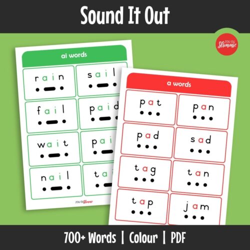 This is a large set of decoding word cards designed to support early reading through sound-based word breakdown. Learners practise reading by splitting words into sound groups to build accuracy and fluency.