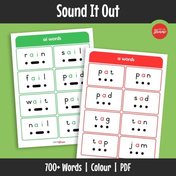 This is a large set of decoding word cards designed to support early reading through sound-based word breakdown. Learners practise reading by splitting words into sound groups to build accuracy and fluency.