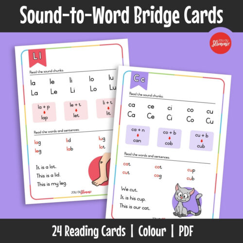 These transition cards help learners step by step combine individual sounds so they can read simple, short words. They support the shift from sound recognition to actual word reading.