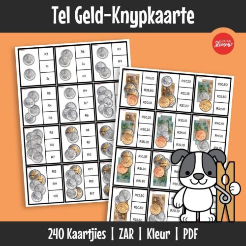Tel Geld-Knypkaarte 'n Praktiese aktiwiteit om geld te tel met die nuwe Suid-Afrikaanse geldeenheid. Leerders oefen geldherkenning en eenvoudige berekeninge.