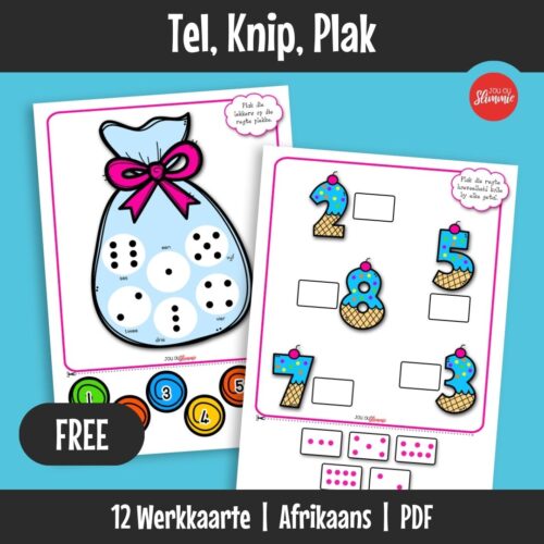 ’n Stel prettige tel-, knip- en plak-aktiwiteite om leerders te help om getalle 1–10 te herken en te oefen. Leerders tel voorwerpe en plak die korrekte getal op die regte plek.