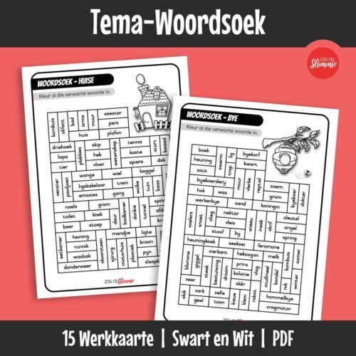Hierdie stel tema-woordsoekspeletjies versterk woordeskat en spelling op ’n speelse manier. Leerders lees en identifiseer woorde wat by ’n spesifieke tema pas en merk dit visueel in elke aktiwiteit.