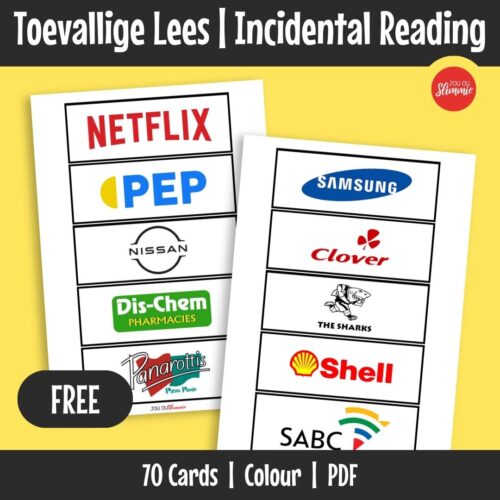 A set of incidental reading flashcards featuring familiar logos and environmental print to help learners develop early print awareness and reading readiness.