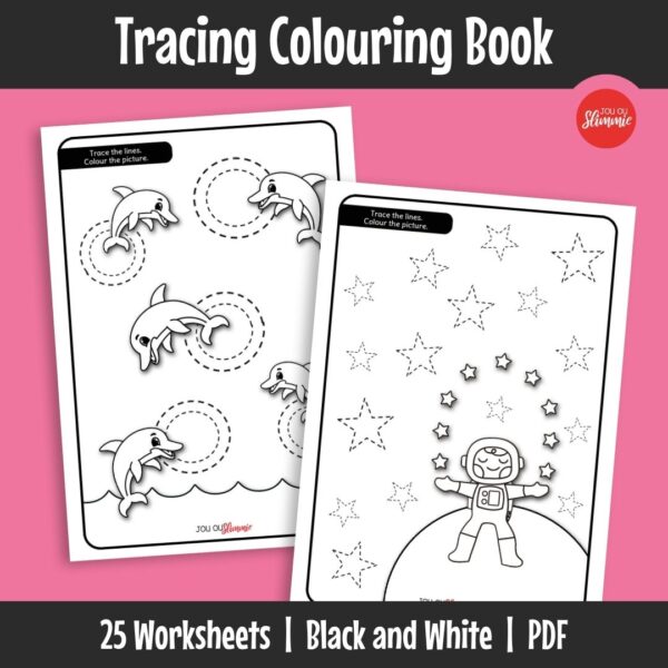 This tracing colouring book provides fun activities to develop pencil control. Learners follow lines and colour pictures to strengthen fine motor skills.