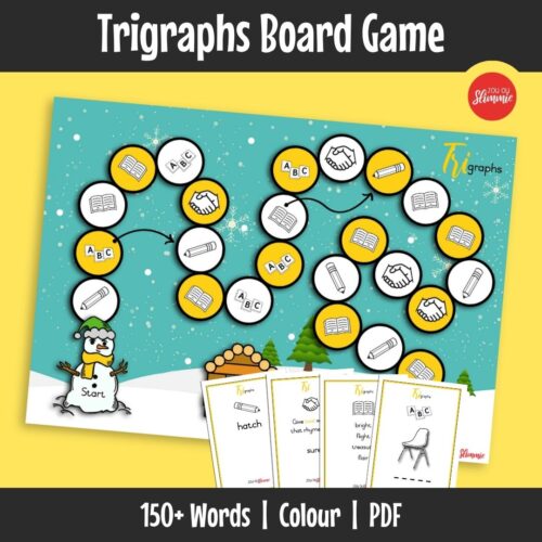 This board game is designed to practise trigraph words through interactive language activities. Learners read, spell, and respond to word-based tasks while moving through the game board.