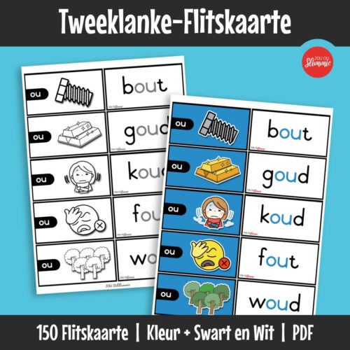 Tweeklank-flitskaarte help kinders om vroeë leesvaardighede en woordherkenning stap vir stap te versterk.