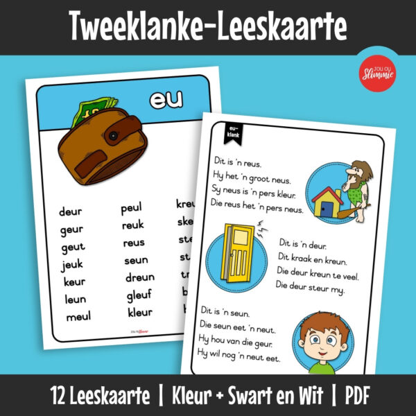 ’n Stel leeskaarte wat leerders help om tweeklanke te oefen deur woorde en eenvoudige sinne te lees. Bou leesvloei en selfvertroue deur gereelde inoefening.