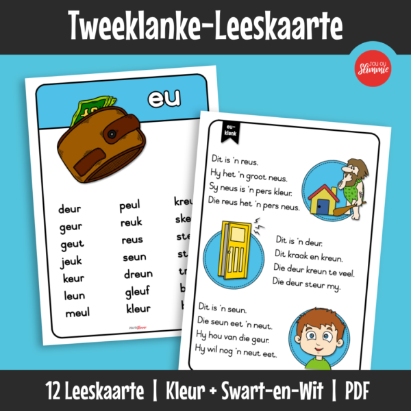 ’n Stel leeskaarte wat leerders help om tweeklanke te oefen deur woorde en eenvoudige sinne te lees. Bou leesvloei en selfvertroue deur gereelde inoefening.