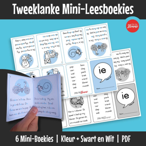 Prettige, voubare mini-boekies wat elkeen slegs op een tweeklank-kombinasie fokus sodat die leerder die klank kan vaslê voordat daar na ander klanke beweeg word.