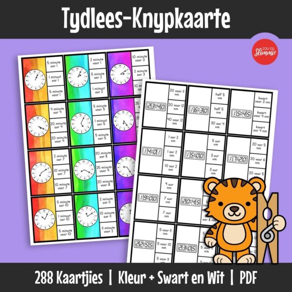 Knypkaarte wat leerders help om tyd te oefen deur analoog horlosies, digitale tyd en tyd in woorde te gebruik.