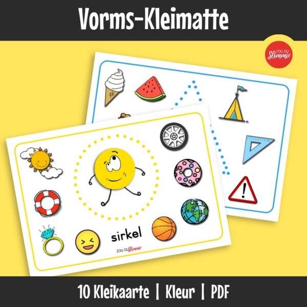 ’n Stel kleurvolle kleimatte wat leerders help om 10 basiese vorms te leer deur praktiese klei-aktiwiteite.