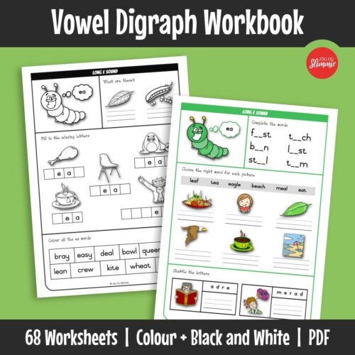 This workbook focuses on vowel digraphs for early reading and spelling development. Learners complete structured worksheets that support recognition and use of different vowel sound patterns.