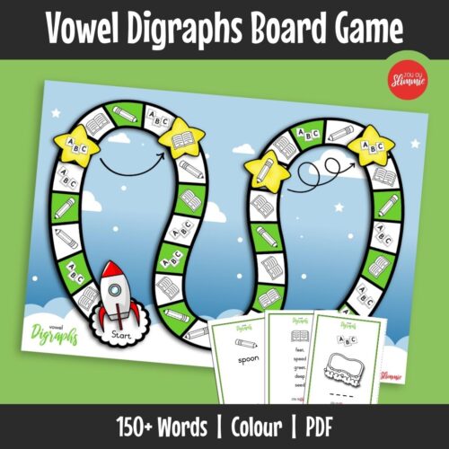 This board game is designed to practise vowel digraph words through interactive language activities. Learners read, spell, and respond to word-based tasks while moving through the game board.
