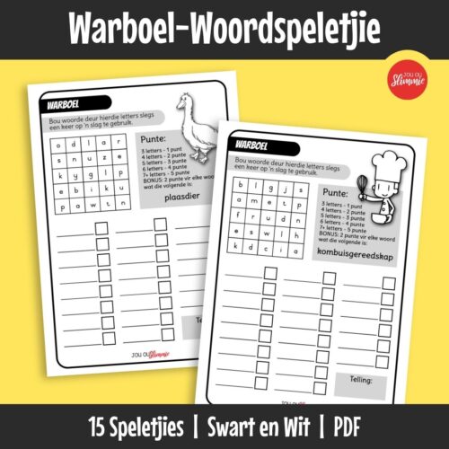Hierdie Boggle-styl woordspel help om woordeskat en spelvaardighede te ontwikkel. Leerders vorm soveel moontlik woorde uit roosters en gebruik eenvoudige puntestelsels om die aktiwiteit meer uitdagend te maak.