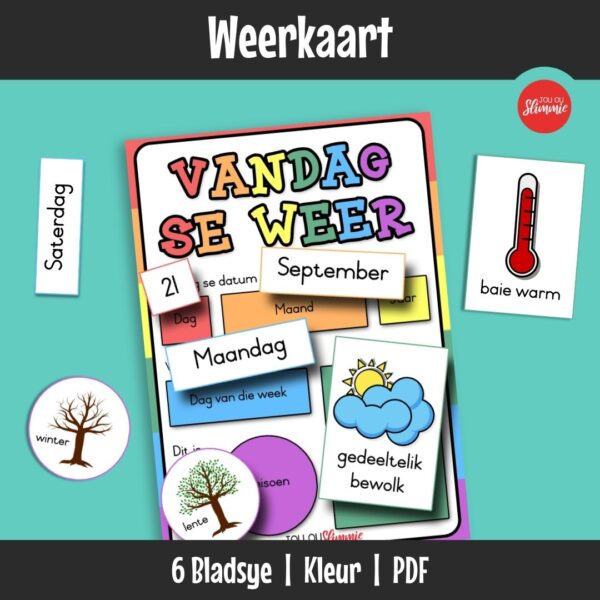 Visuele prente om leerders te help om daaglikse weer, datum en seisoene te leer en op te stel. Leerders gebruik die kaart om elke dag die korrekte inligting te kies en aan te pas.