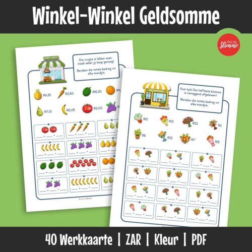Hierdie is ’n stel inkopie-tema werkkaarte wat ontwerp is om geldberekeninge met die nuwe Suid-Afrikaanse geldeenheid te oefen. Leerders voltooi geldsomme wat verskillende wiskundige bewerkings insluit.