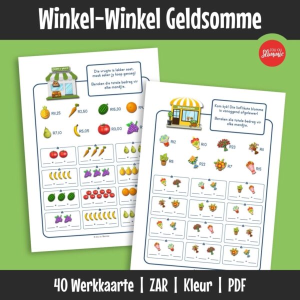 Hierdie is ’n stel inkopie-tema werkkaarte wat ontwerp is om geldberekeninge met die nuwe Suid-Afrikaanse geldeenheid te oefen. Leerders voltooi geldsomme wat verskillende wiskundige bewerkings insluit.