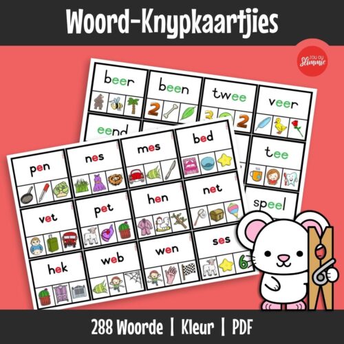 ’n Stel interaktiewe knypkaartjies om lees en klankherkenning te oefen deur woorde by prente te pas.