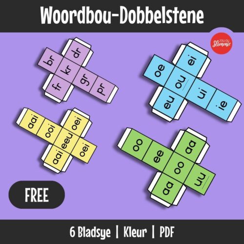 ’n Stel dobbelstene wat gebruik word vir woordbou- en klankspelaktiwiteite. Leerders gooi die dobbelstene en bou woorde deur klanke te kombineer.