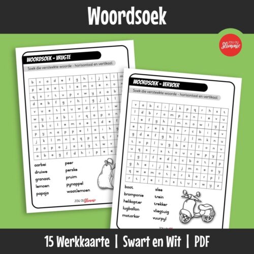 Hierdie stel tradisionele woordsoekaktiwiteite help om woordeskat en spellingvaardighede te ontwikkel. Leerders soek en identifiseer versteekte temawoorde binne letterroosters.