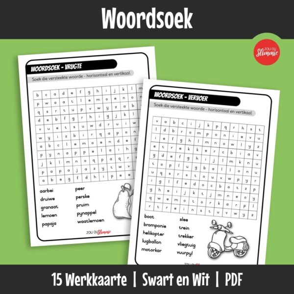 Hierdie stel tradisionele woordsoekaktiwiteite help om woordeskat en spellingvaardighede te ontwikkel. Leerders soek en identifiseer versteekte temawoorde binne letterroosters.